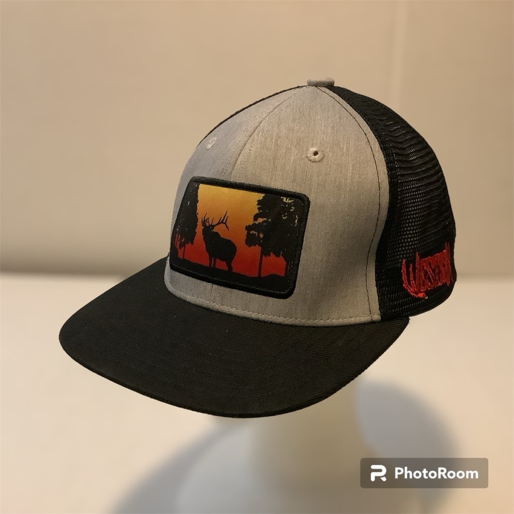 Sunset Elk Patch Trucker Hat HeatherGrey/Black Mesh SnapBack Cap Westrek Hunting